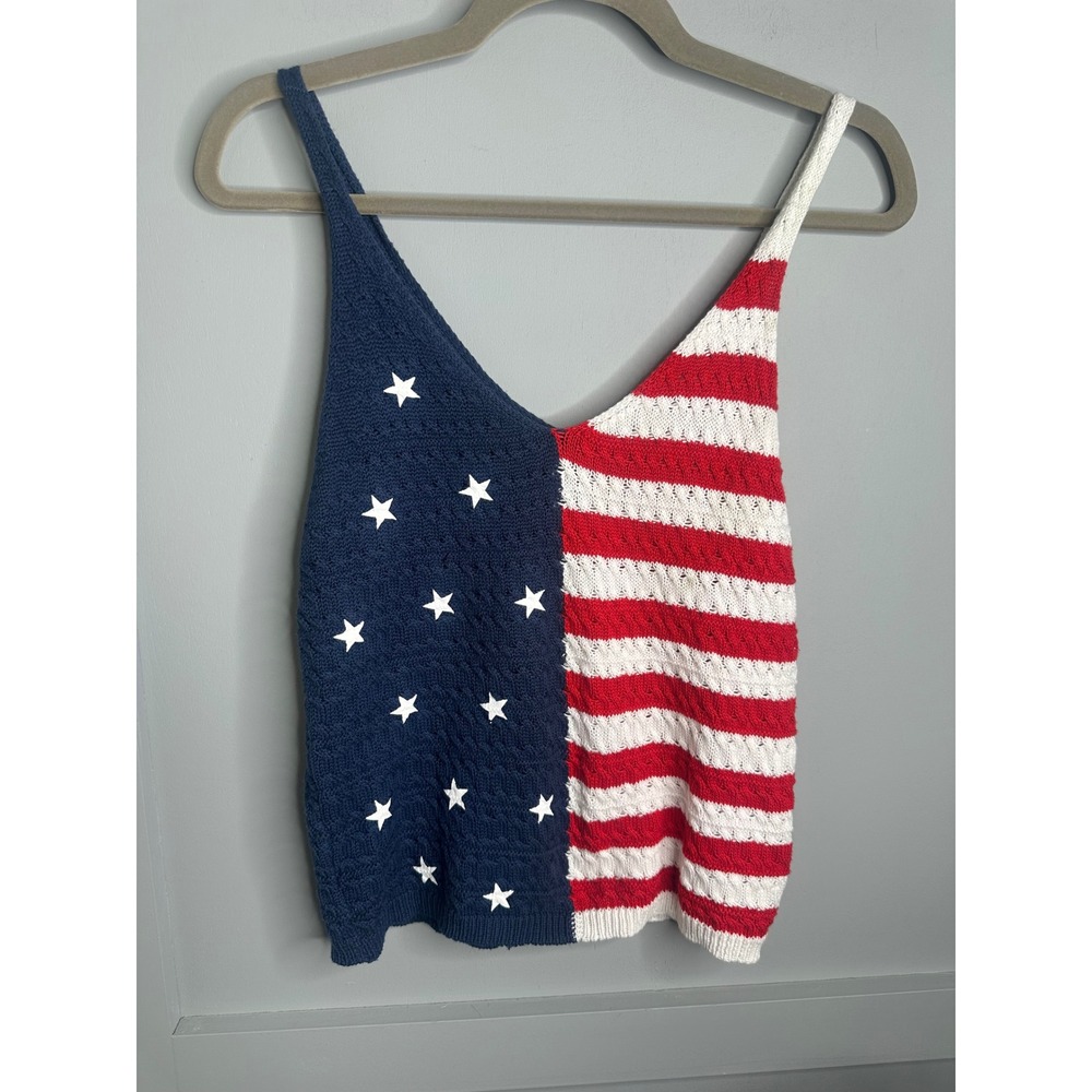 Moon & Madison American Flag Knit Tank Top Stars Stripes V-Neck ST19B550 M